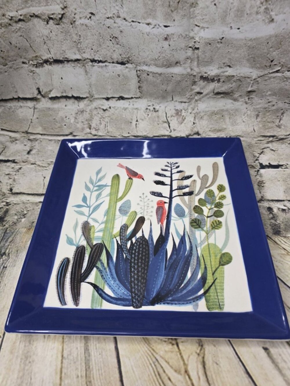 Red Birds & Cactus Geninne Zlatkis Design Hallmark 10” Square Plate Blue Trim